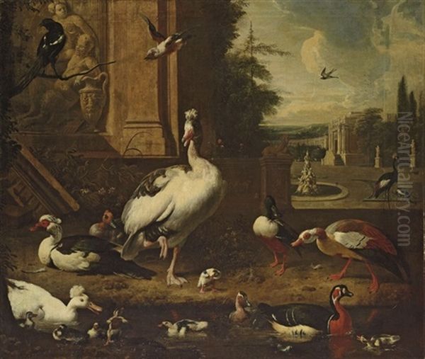 Geese, Ducks, A Magpie And Other Birds At A Pond, An Architectural Capriccio Landscape Beyond Oil Painting by Melchior de Hondecoeter