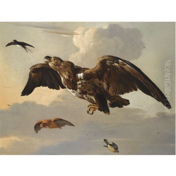 An Eagle, A Swallow, A Snipe And A Finch In Flight Oil Painting by Melchior de Hondecoeter