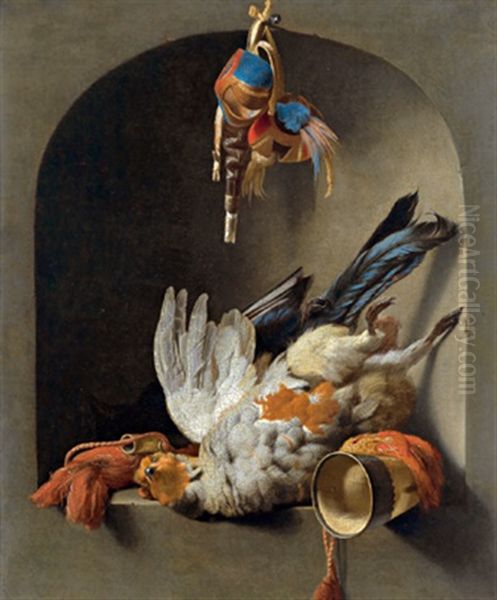 Trompe L'oeil-stillleben Mit Einem Rebhuhn, Falkenhaube Und Einem Jagdhorn In Einer Steinernen Nische Oil Painting by Melchior de Hondecoeter