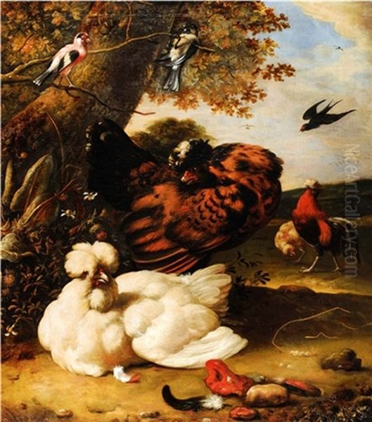 Huhner Und Singvogel In Landschaft Unter Einem Baum Oil Painting by Melchior de Hondecoeter