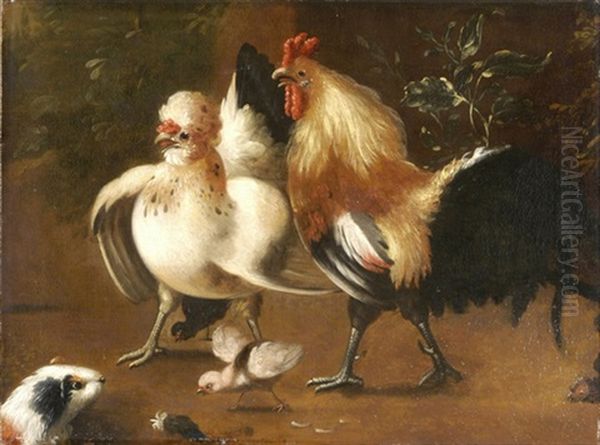 Der Eindringling - Meerschweinchen Im Huhnerhof Oil Painting by Melchior de Hondecoeter