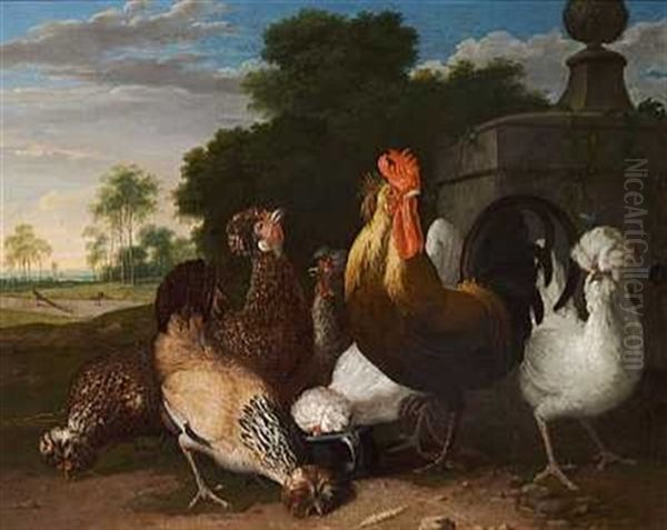 Brogede Haner Og Hons I Et Landskab Oil Painting by Melchior de Hondecoeter