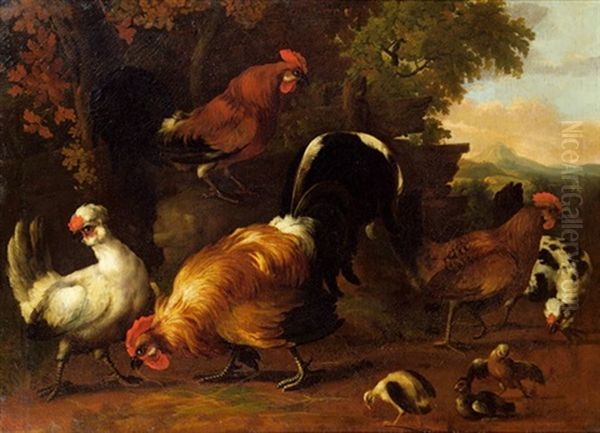 Huhner Und Hahne Oil Painting by Melchior de Hondecoeter