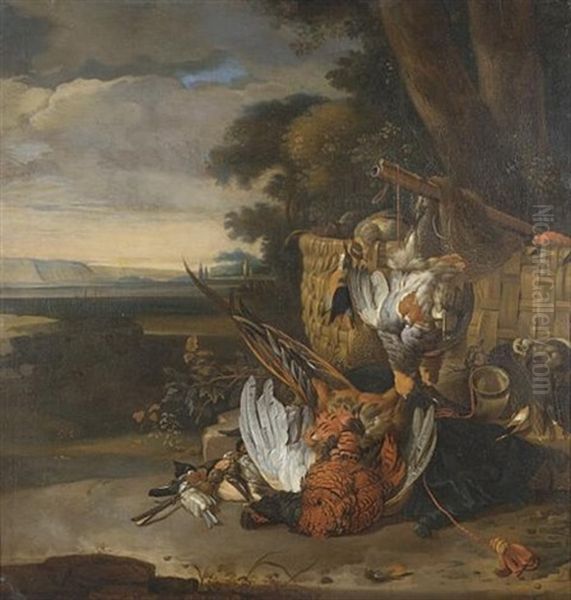 A Hunt Still Life With A Dead Pheasant, Grouse, Songbirds, Kingfisher And Other Birds, With A Horn, Basket, Net And Musket, Before A Tree, An Extensive Landcsape Beyond Oil Painting by Melchior de Hondecoeter