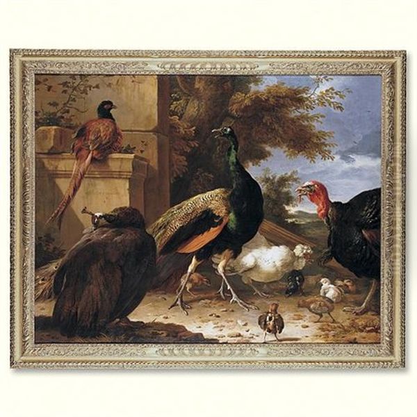 A Peacock, A Pea-hen, A Pheasant, A Turkey, A Cockerel And Chicks By A Wall, A Landscape Beyond Oil Painting by Melchior de Hondecoeter