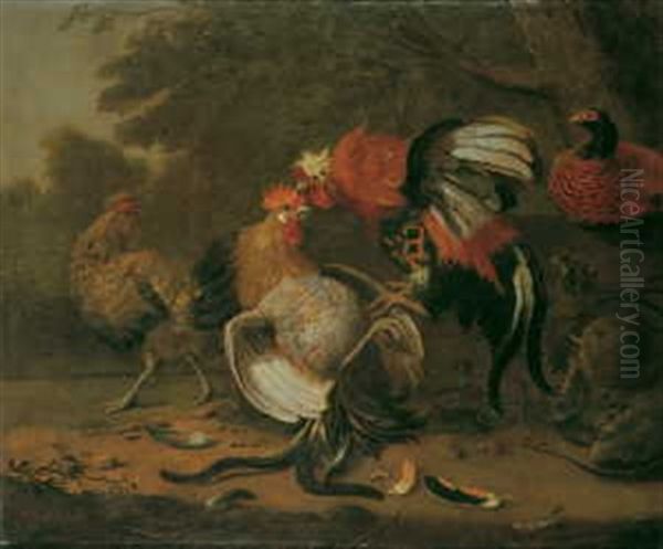 Huhnerhof Oil Painting by Melchior de Hondecoeter