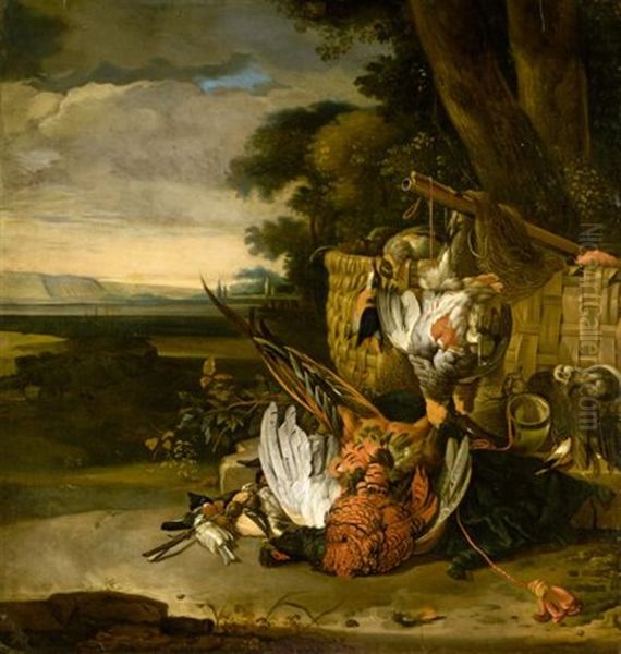 Still Life With A Pheasant, Partridges, A Kingfisher, And Songbirds Together With A Basket, A Hunting Horn, A Musket, Nets And A Cushion, In A Landscape Oil Painting by Melchior de Hondecoeter