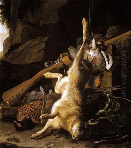 Nature Morte Au Trophee De Chasse: Lievre, Perdreau Et Faisan Oil Painting by Melchior de Hondecoeter