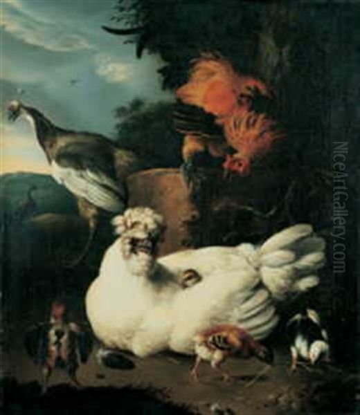 Eine Glucke Mit Ihren Kuken Oil Painting by Melchior de Hondecoeter