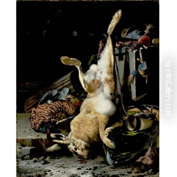 A Game Still Life With A Hung Hare, A Pheasant, A Horn, A Musket Barrel And Other Objects In A Classical Niche Oil Painting by Melchior de Hondecoeter