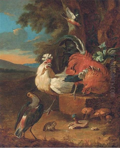 Two Cockerels, A Lapwing And A Sparrow In A Clearing Oil Painting by Melchior de Hondecoeter