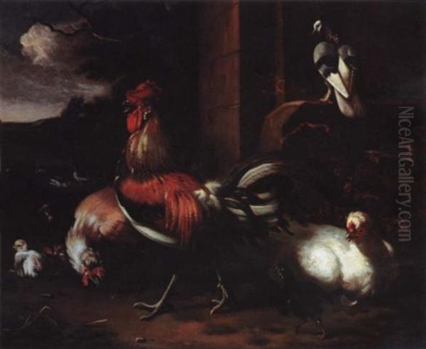 A Proud Rooster Oil Painting by Melchior de Hondecoeter