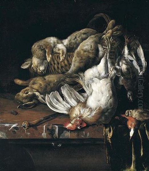 Still Life Od Rabbits On A Wicker Basket, A Bantam Cockerel, Partridge, Kingfisher And A Songbird, Together With A Knife Arranged Upon A Table-top Oil Painting by Melchior de Hondecoeter