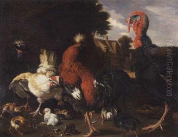 A Turkey, Roosters And Other Fowl In A Landscape Oil Painting by Melchior de Hondecoeter