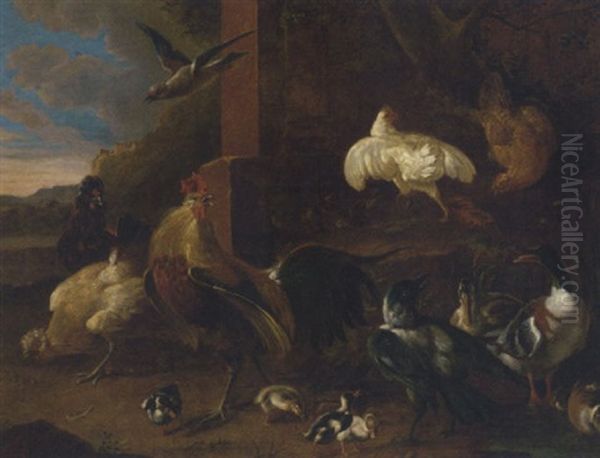 A Cockerel, A Chicken, A Magpie, Amd Other Birds By A River Bank Oil Painting by Melchior de Hondecoeter