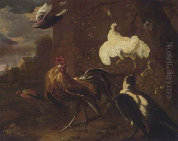 A Cockerel, A Chicken, A Magpie And Other Birds By A Farm Building Oil Painting by Melchior de Hondecoeter