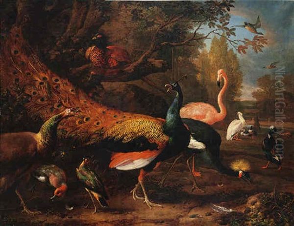 Exotic Fowl, Including A Peacock And Peahen, Flamingo, African Crane, Pheasant, Lapwing, Shoveller, Pelican And Tufted Duck Oil Painting by Melchior de Hondecoeter