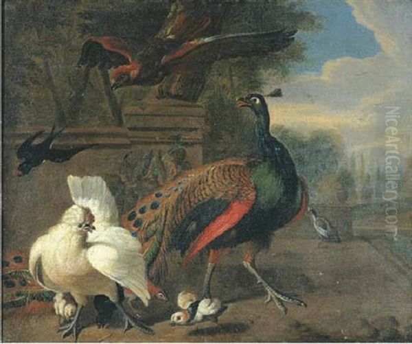 A Peacock, A White Hen And Chickens By A Stone Wall In A Landscape, A Pond Beyond Oil Painting by Melchior de Hondecoeter