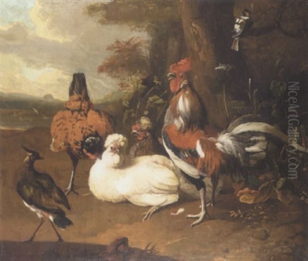 Still Life Of Chickens, A Cockerel And Other Fowl In A Landscape Oil Painting by Melchior de Hondecoeter