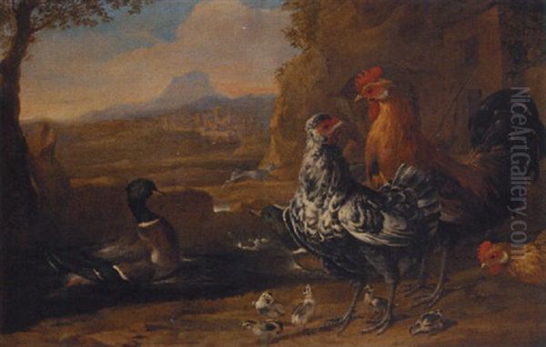 A Turkey, Roosters, Ducks And Goslings In A Farmyard, A Greyhound And An Extensive Mountain Landscape Beyond Oil Painting by Melchior de Hondecoeter