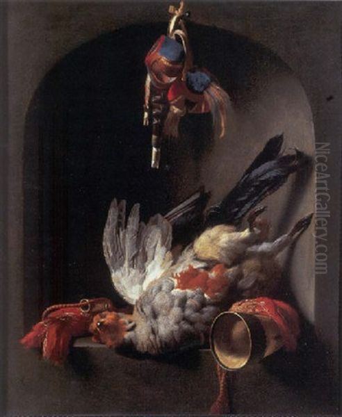 Still Life Of A Partridge And Hawking Equipment In A Niche Oil Painting by Melchior de Hondecoeter