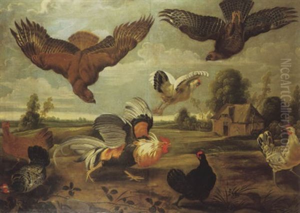 Two Hawks Attacking A Hen In A Farm Landscape Oil Painting by Melchior de Hondecoeter