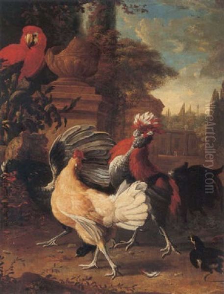 Cockrels, A Hen, And A Parrot In A Garden by Melchior de Hondecoeter