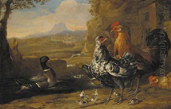 A Turkey, Rooster, Ducks And Goslings In A Farmyard, A Greyhound And An Extensive Mountain Landscape Beyond Oil Painting by Melchior de Hondecoeter