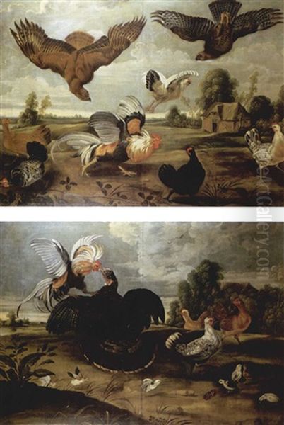 Two Hawks Attacking A Cock And Hens In A Farmland Landscape Oil Painting by Melchior de Hondecoeter