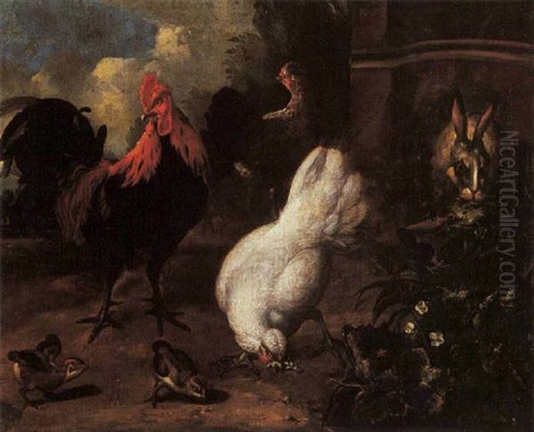 Bodegon Con Gallo Y Gallinas Oil Painting by Melchior de Hondecoeter