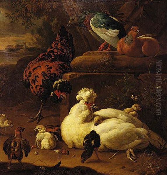 Still Life Of Bantams And Pigeons In A Classical Landscape, A River Beyond Oil Painting by Melchior de Hondecoeter