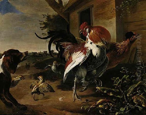 Bantams Startled By A Spaniel In A Farmyard Setting, A Church Spire Beyond Oil Painting by Melchior de Hondecoeter