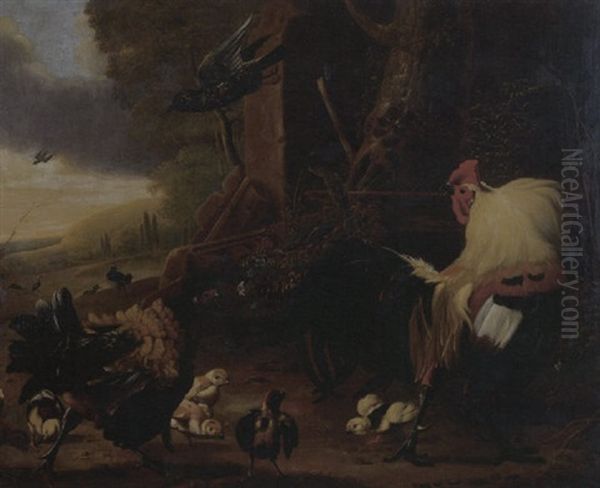 Cockerel, Hen And Chicks Amongst Building Ruins, Alarmed By Blackbird, A Coastal Landscape Beyond Oil Painting by Melchior de Hondecoeter