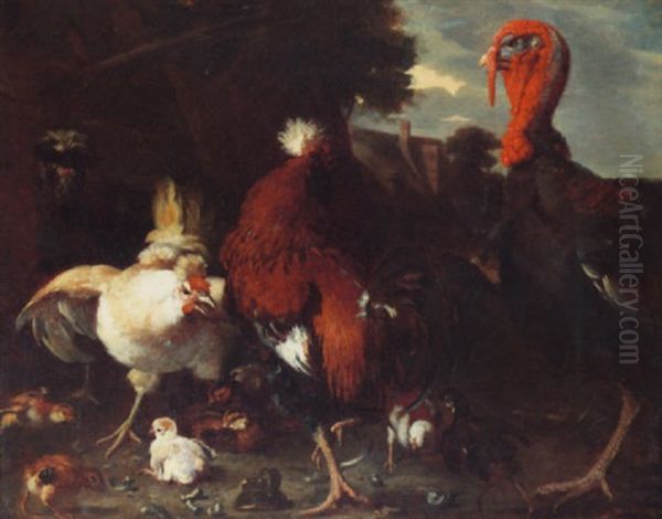 A Farmyard Scene With Bantams And A Turkey by Melchior de Hondecoeter