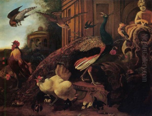 Falcons Surprising A Peacock, Cockerels, Hens And Their Chicks, Together With Other Birds, In An Ornamental Garden by Melchior de Hondecoeter