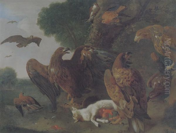 Vier Adler Streiten Sich Um Die Beute, Eine Erlegtes Lamm, Beobachtet Von Zwei Falken, Einem Habicht Und Anderen Raubvogeln Oil Painting by Melchior de Hondecoeter