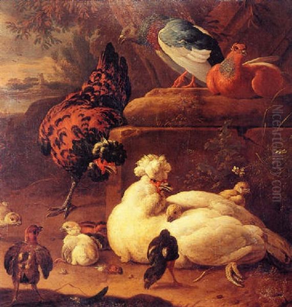 Poultry In A Landscape With Ruins, A River Beyond Oil Painting by Melchior de Hondecoeter