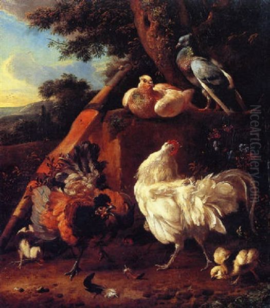 Poultry At The Edge Of A Wood Oil Painting by Melchior de Hondecoeter