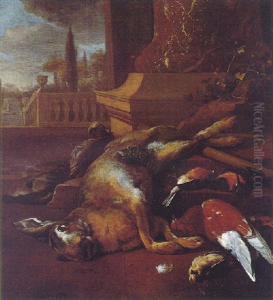 A Still Life Of A Hare, Kingfishers, A Dove And A Finch Beside A Marble Column With A Terrace And A Formal Garden Beyond Oil Painting by Melchior de Hondecoeter