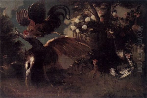 Pfau Und Hahn Im Kampf, Um Die Sich Huhner Und Truthahn Scharen Oil Painting by Melchior de Hondecoeter