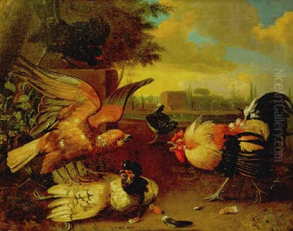 Aguila Y Gallos Luchando Oil Painting by Melchior de Hondecoeter