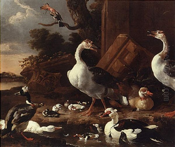 Chinese And Egyptian Geese, Muscovy Ducks, A Hoopoe, Barnyard Fowl And Other Exotic Birds In A Landscape With Classical Ruins Oil Painting by Melchior de Hondecoeter