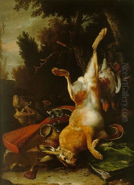 A Game Still Life With A Hung Hare, A Boar's Head, A Hung Grouse, A Musket And Other Objects In A Landscape Oil Painting by Melchior de Hondecoeter