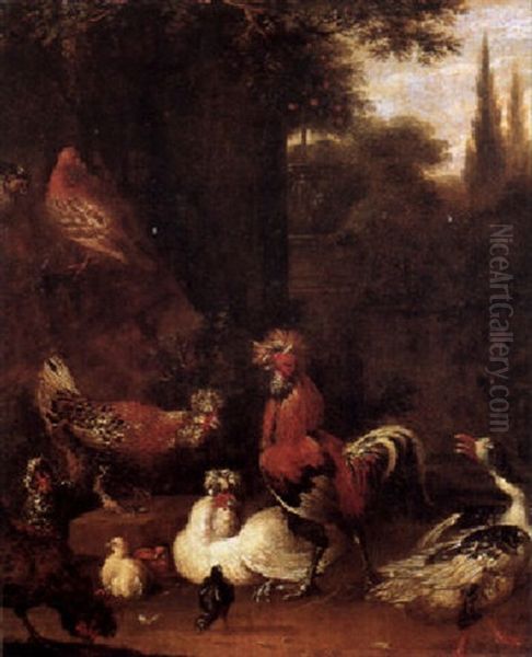 A Cock, Hen, Chickens And A Duck At The Foot Of A Tree, A Classical Garden Beyond Oil Painting by Melchior de Hondecoeter