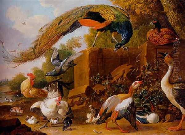 A Peacock, Ducks, A Pheasant And Other Birds By A Plinth Oil Painting by Melchior de Hondecoeter