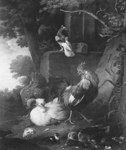 Ducks, Chickens And A Pigeon In A Landscape Oil Painting by Melchior de Hondecoeter