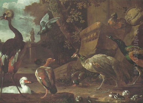 An East African Crane, A White Snow Goose, A Dutch Goose, A Mallard Duck, Peacock, A Pheasant, A Turkey And A Pigeon In A Park Oil Painting by Melchior de Hondecoeter