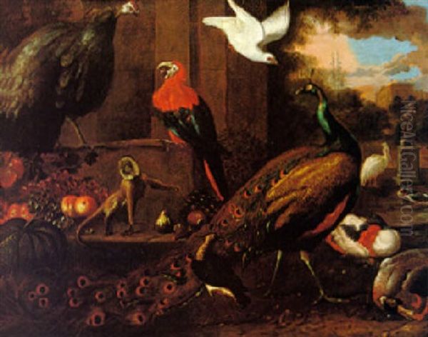 A Peacock, Guinea Fowl, Parrot, Lapwing And Other Birds In The Grounds Of A Villa Oil Painting by Melchior de Hondecoeter