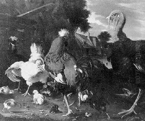 Turkey And A Cockerel, With Hens And Chicks In A Farmyard Oil Painting by Melchior de Hondecoeter