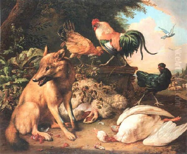 Federvieh Mit Raubischem Fuchs Oil Painting by Melchior de Hondecoeter